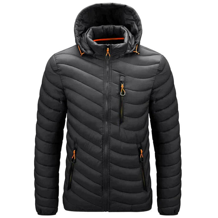 Jaqueta puffer masculina Zelvon ZLN012 em poliamida com plumas, gola alta e fechamento em zíper, ideal para frio intenso.