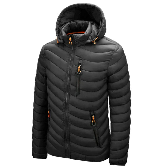 Jaqueta puffer masculina Zelvon ZLN012 em poliamida com plumas, gola alta e fechamento em zíper, ideal para frio intenso.